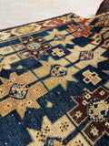 3x5 blue red Caucasian rug, vintage tribal wool rug with village woven geometric pattern.