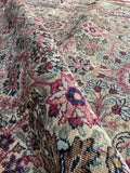 Fine wool antique Lavar Kerman rug with berry, ice blue, and navy vegetable dyes.