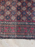 Back weave technique detail Baluchi rug high-resolution reverse-side image showing the dual weaving techniques and structural knots.