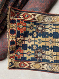 3x5 blue ivory antique rug, Caucasian tribal weaving with graphic geometric design.