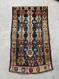 3x5 blue ivory tribal area rug, antique Caucasian wool rug with geometric medallions and abrash.