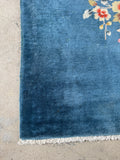 3x5 teal blue Chinese Art Deco rug, 1930s antique wool area rug, vintage floral rug with plush wool pile.