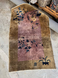 View of vegetable dyed wool with sheen on a Chinese Art Deco rug.
