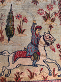 Persian horsemen hunting scene rug detailed perspective showing horse riders in pursuit of leaping gazelles.