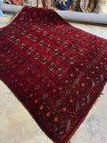 Vintage Afghani tribal rug, deep red field with linear medallions, 6'10 x 8'11.