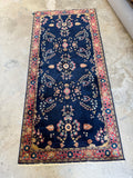 4x9 Vintage Persian Sarouk Rug / Navy Blue Floral Persian Rug / Full Pile Rug #4482