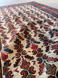 Rug with rich red, deep blue, and earthy green accents.