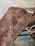 Vintage Karastan runner 21 ft 5 in x 35 in featuring Kerman style vines and dusty rose and teal tones.