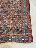 Vintage Persian wool rug 4x6 with shabby chic patina, hand knotted antique scatter rug featuring muted coral, navy, and dusty blue colors.