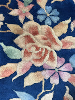 Thick wool 1930s Chinese rug, velvety texture and vibrant Art Deco design.