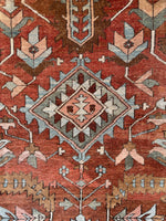 Rustic Heriz rug with baby blue accents and pistachio
