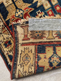 3x5 blue brown Caucasian rug, hand knotted antique village rug with tribal lattice motifs.