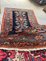 Small Persian Malayer rug featuring French blue, espresso brown, and ivory accents.