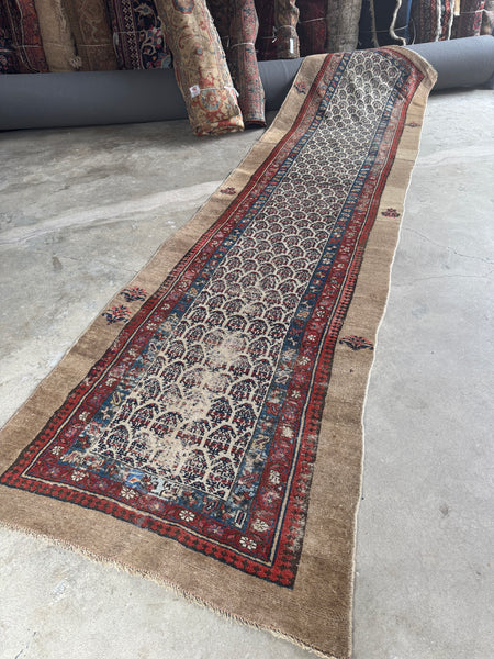 Antique Persian Seraband runner from the 1880s with repeating paisley design.
