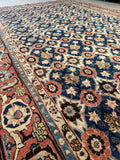 Traditional Persian Veramin carpet displaying repeating blossoms framed by coral guard borders.