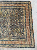 Persian rug photo highlighting border bands and main field with decorative designs.