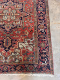 Ice blue corner spandrel Heriz rug detail showcasing intricate geometric drawing and natural vegetable dyes.
