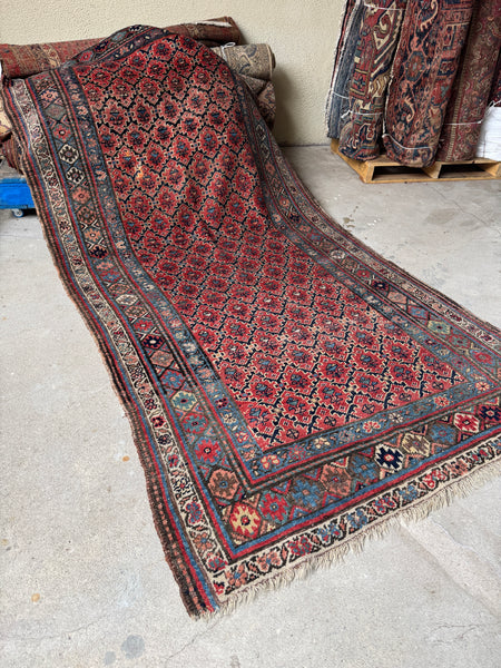 Tribal fortress style Persian Bidjar rug with bold latticework.