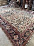 Diagonal view showcasing the rug’s shabby chic wear and soulful character.