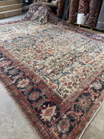 Diagonal view showcasing the rug’s shabby chic wear and soulful character.