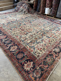 Diagonal view showcasing the rug’s shabby chic wear and soulful character.