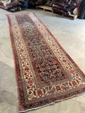 Antique Persian Malayer runner 3'3 x 10'5 with ivory floral border and midnight navy Herati field.