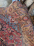 Large antique area rug 8x11 Heriz coral French blue living room.