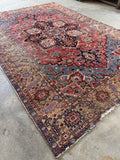 Large antique Persian Heriz rug 8x11 coral French blue vintage.