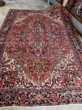 9x12 red Persian Heriz rug, antique geometric area rug with beautifully aged vegetable-dyed colors.