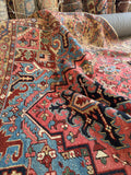 8x11 French blue and coral Persian Heriz rug, large antique hand knotted wool rug with camel border, Northwest Persian tribal area rug dating to the 1920s.