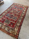 Antique tribal prayer rug 3x6, late 19th century hand knotted vegetable dyed wool rug.