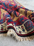 Vintage Persian hallway runner rug. 3x15. Red blue camel gold.