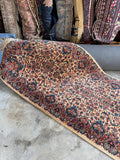 Long stair runner 21 ft 5 in by 35 in in classic Kerman design with navy, teal, and ivory palette.