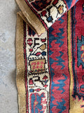 Antique Persian tribal runner. 3x15. Gold camel red blue wool.