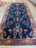 4x9 Vintage Persian Sarouk Rug / Navy Blue Floral Persian Rug / Full Pile Rug #4482