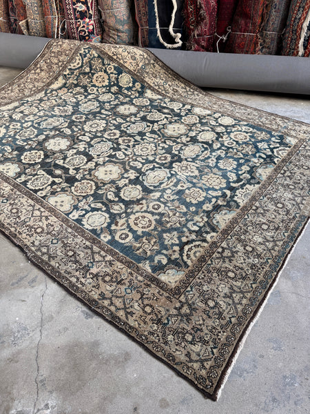 Antique 1940s Malayer rug with teal garden field.