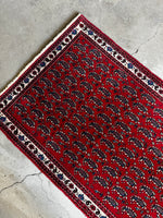 Weighted Persian rug with saturated dyes and dainty floral border.