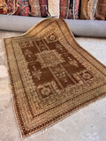 Antique Agra rug 4x6 in neutral brown and beige hand knotted wool featuring a central medallion and geometric borders.