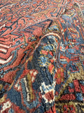 Vintage Persian wool rug. Antique Heriz area rug with bold rectilinear artwork, graphic border design, and timeless tribal character.