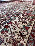 Close up view showing texture and low pile of hand knotted rug.