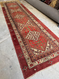 Handwoven Serab runner featuring ivory, camel, and red vegetable dyed wool.