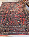 Antique Persian Area Rug with coral pink marbling, floral motifs, and durable wool construction from the 1930s.