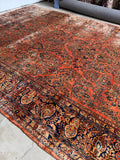 Oversized coral Persian rug with navy blue border and floral sprays.