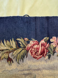 Oxidized navy blue background on antique French wall tapestry with sewn in hooks.