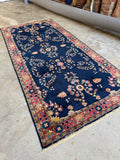4x9 Vintage Persian Sarouk Rug / Navy Blue Floral Persian Rug / Full Pile Rug #4482