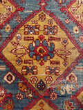 Rare Persian triple pole medallion rug with worn pile, visible abrash, and iconic tribal symbolism.