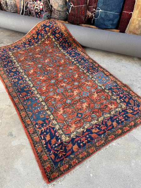 Antique Northwest Persian rug with terracotta rust field and navy floral border.