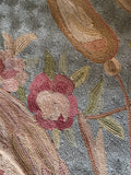 French Aubusson tapestry artwork with dreamy pastel tones and elegant floral composition.