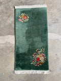 2x4 green vintage area rug. Chinese Art Deco rug. Velvety wool rug. Sage green small rug. Floral design.