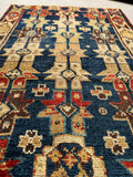 3x5 indigo blue ivory Caucasian rug, hand knotted antique tribal rug with geometric motifs.